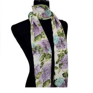 Ann Taylor Silk Chiffon Scarf Purple Green Retro Floral 11x35" Long…..